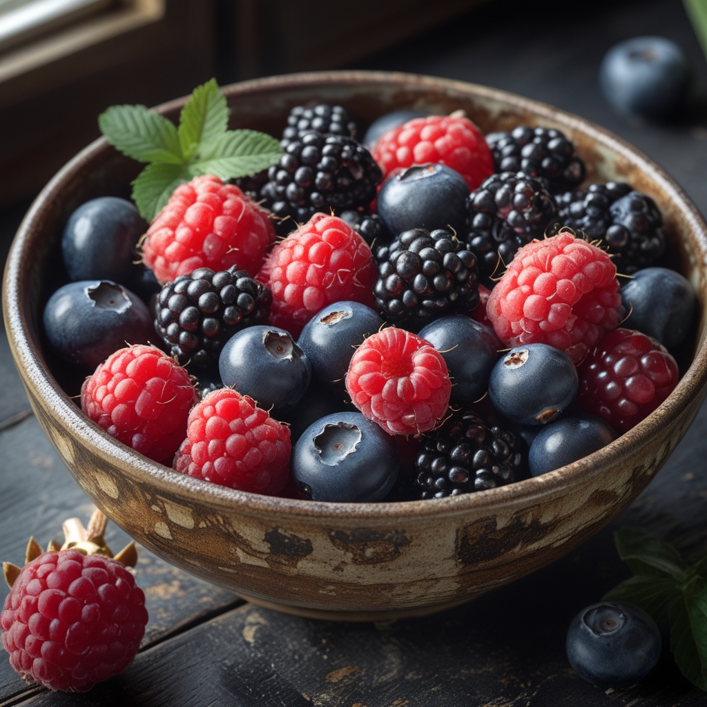 Close-up of a vibrant mixed berry collection in a rustic ceramic bowl — blueberries, raspberries, blackberries, and pomegranate seeds — on a dark weathered wood surface, natural window light