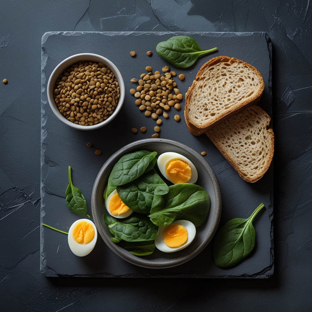 Overhead arrangement of B-vitamin-rich foods on a dark slate surface: whole grain bread slices, a small bowl of lentils, hard-boiled eggs, and fresh spinach leaves, moody directional light