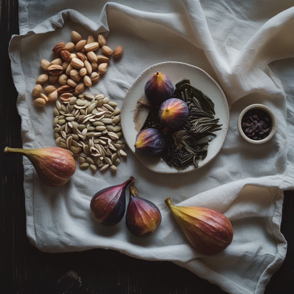 Flat lay of micronutrient-rich whole foods on a cream linen background: Brazil nuts, sunflower seeds, dried figs, dark chocolate, and a small dish of sea vegetables, soft top-down natural light