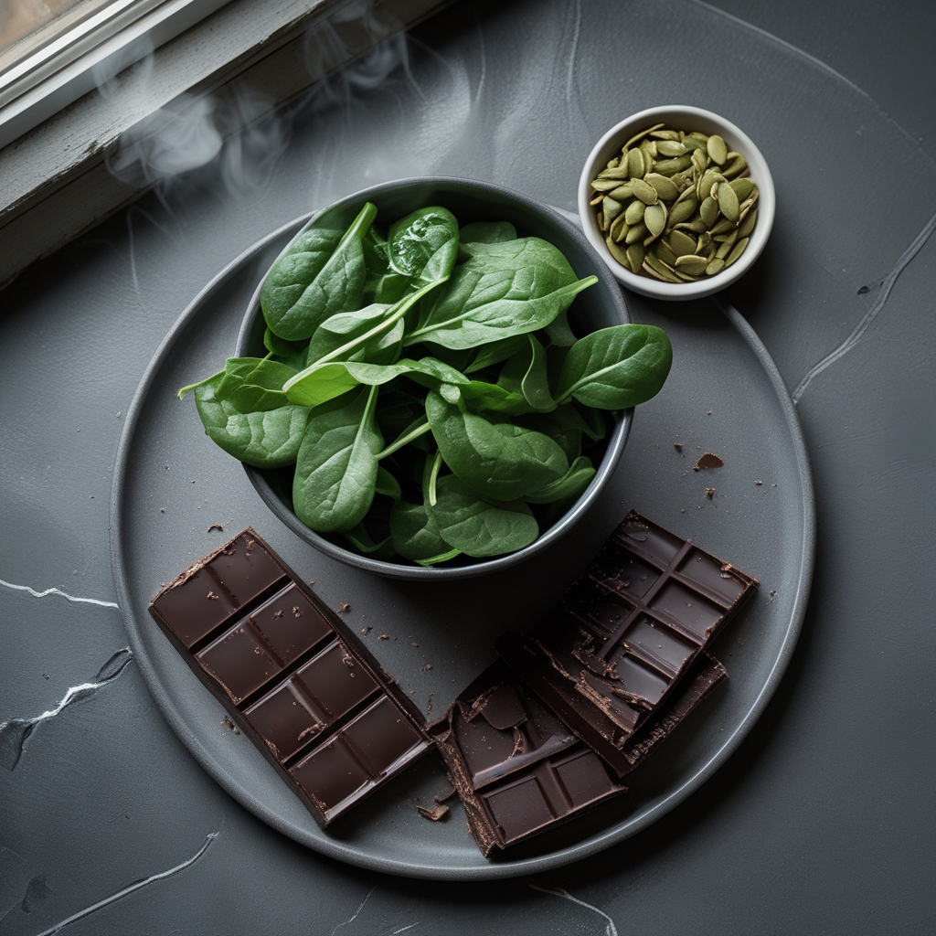 Overhead shot of a bowl of raw spinach leaves alongside dark chocolate squares and a small dish of pumpkin seeds on a matte grey ceramic surface, natural window light