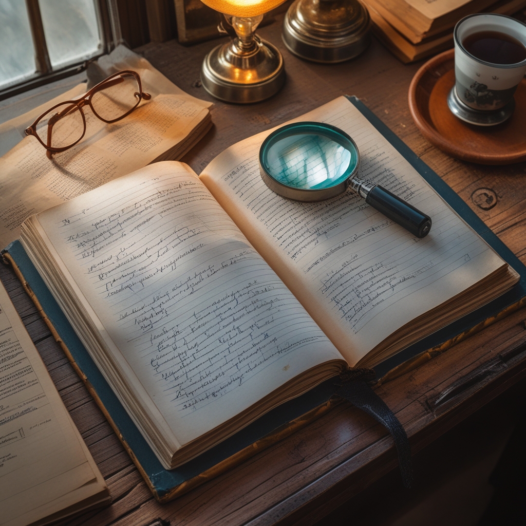 Open scientific book with handwritten notes and a magnifying glass resting on the page, alongside a cup of tea and reading glasses on a wooden desk, warm ambient lamplight